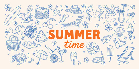 Summer time doodle vector icon set, blue line vacation symbols with surfboard, crab, cocktails, watermelon, beach chair and ice cream. Fun holiday clipart