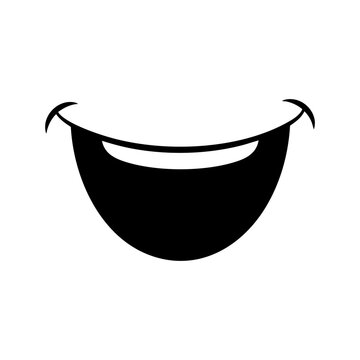 A simple black silhouette of a wide, open smiling mouth, conveying joy and positivity, conveying happiness, laughter, or a playful mood