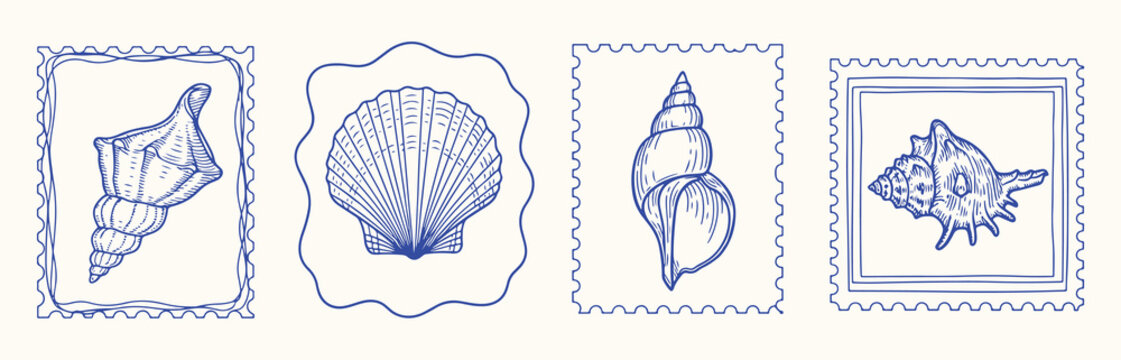 Blue line seashell postage stamp vector collection. scalloped coastal frames with conch, scallop and snail shells. Hand drawn marine illustration