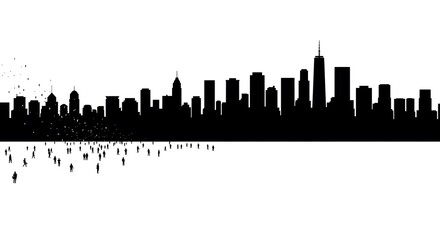 Fototapeta premium Silhouette of a city skyline with numerous tiny figures walking towards it.