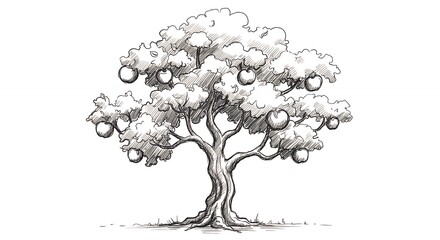 Detailed grayscale drawing of a tree with apples