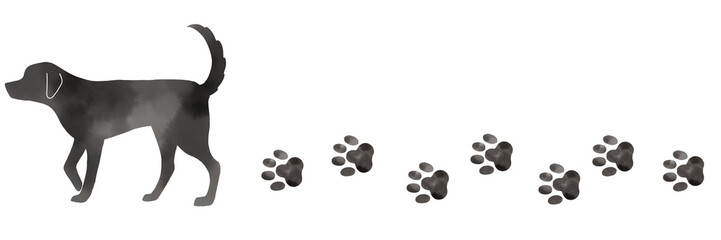 Watercolor style illustration of a dog silhouette and footprints facing sideways - background material