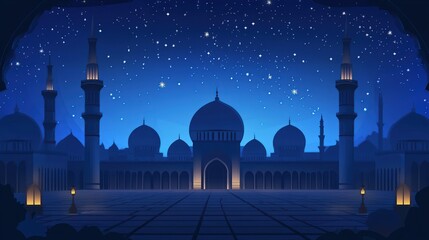 Night scene of a large mosque complex with many domes and minarets under a starry night sky