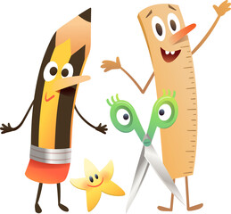 Cute playful School Supplies characters for kids education and crafts. Back to school cartoon clip art. Ruler, pencil and scissors student friends. Cartoon vector illustration for children education.