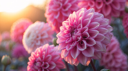 Bright pink dahlia macro bloom showing detailed petal edges in soft golden afternoon garden light aesthetic floral photography for wallpaper background