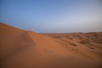 Sunset panoramic landscape views of Erg Chebbi sand dunes located in Morocco on the western edge of the Sahara Desert