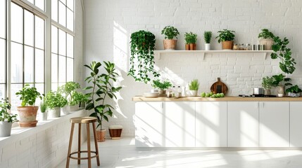 Fototapeta premium Bright and Airy Modern Kitchen Interior with Green Plants, Window Light, and White Brick Wall, Minimalist Design