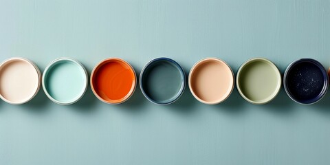 Colorful paint samples in open containers, a modern composition for interior design and home decor inspiration.