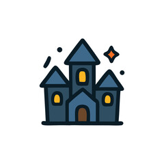 A stylized illustration of a dark blue castle with glowing windows and a sparkling star.