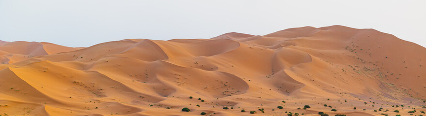 Sunset panoramic landscape views of Erg Chebbi sand dunes located in Morocco on the western edge of the Sahara Desert