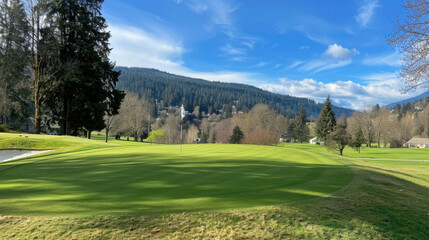 Beautiful sunny golf course featuring well maintained putting green, surrounded by lush trees and rolling hills, creating serene and inviting atmosphere for golf enthusiasts