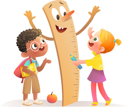 Little kids students with funny ruler character study math. Elementary school children learn to measure. Back to school cartoon clip art. Cartoon vector children illustration for kids education