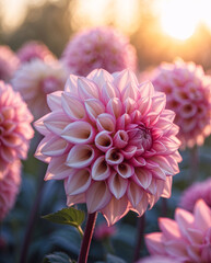 Afternoon light enhances pink dahlia macro bloom captured in rich color with radiant sunbeam aesthetic floral photography for wallpaper background