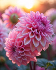 Afternoon macro shot of pink dahlia flower blooming vibrantly with detailed petals in sunlight aesthetic floral photography for wallpaper background