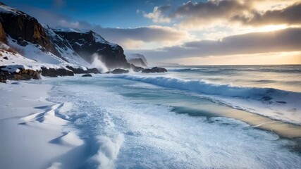 Snowy Coastline Waves Crashing against Cliffs and Shore at Sunrise, Winter Scene with Sea Foam and Breaking Surf - Powered by Adobe