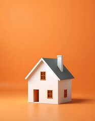 Minimalist house design model on a vibrant orange backdrop studio setting
