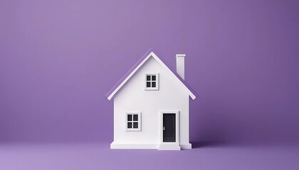Minimalist white house model against vivid purple backdrop with copy space