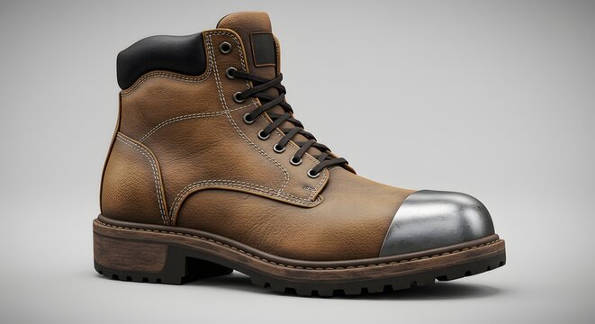 Fototapeta Brown Leather Steel Toe Work Boot - Industrial Safety Footwear