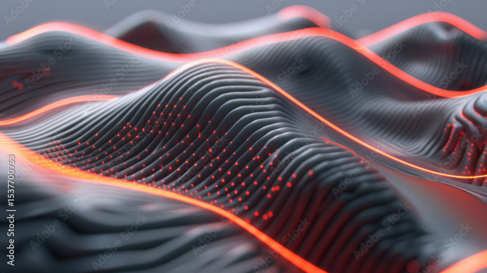 Poster digital data streams create abstract patterns with flowing waves and illuminated lines, evoking sens