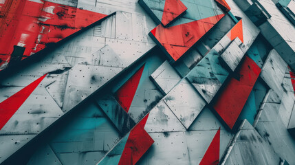 Abstract geometric design featuring diagonal lines and color blocks in shades of red, blue, and gray, creating dynamic visual impact. composition evokes sense of movement and modernity