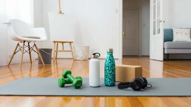 Yoga mat, dumbbells, water bottles, headphones, and a yoga block are arranged on a wooden floor, creating a home fitness area promoting well being and a healthy lifestyle