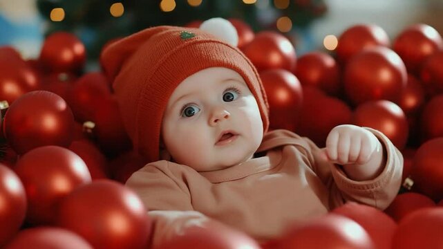 Baby surrounded by red ornament balls festive holiday season innocence and joy