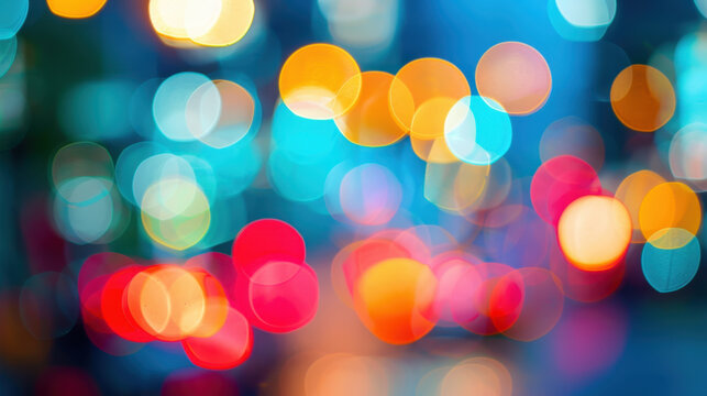 Dreamy haze and fog overlay with blended pastel lights create vibrant and colorful bokeh effect, evoking sense of wonder and tranquility in urban setting