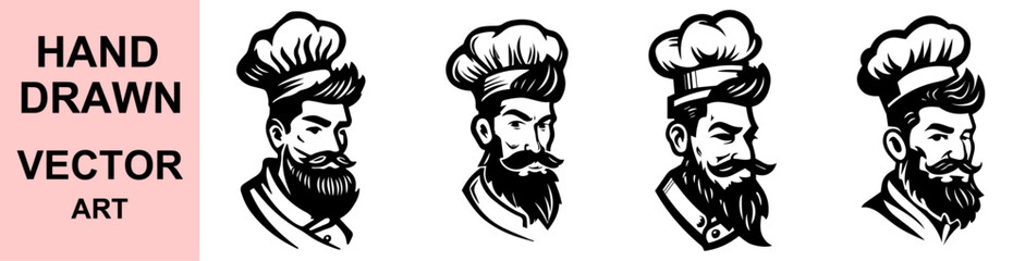 Hand drawn vector chef logo with beard and hat perfect for restaurants, bakery, food brand, kitchen identity, culinary branding, cafes, retro labels, packaging