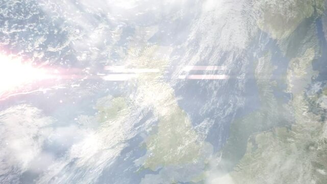 Earth zoom in from space and focus on Jedburgh, Scotland, Scottish Borders, Great Britain. Background for travel intro or blog. Satellite view. 3D style Animation. Images from NASA.