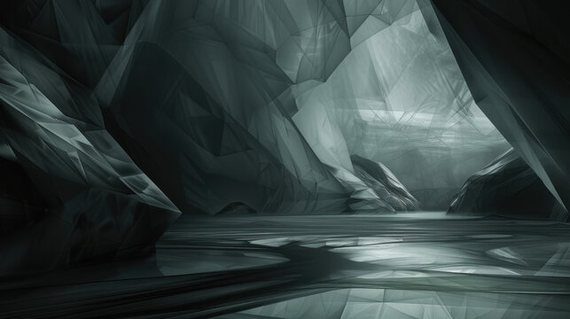 Surreal landscape featuring floating polygonal mesh in dark, abstract space, creating mysterious and captivating atmosphere. interplay of light and shadow enhances depth and intrigue