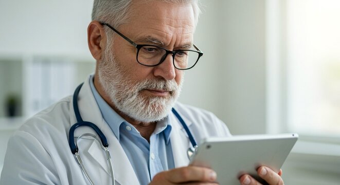 Senior doctor with glasses examining a tablet, wearing a white coat and stethoscope in a clinical office setting. - Powered by Adobe