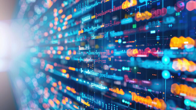 Vibrant display of abstract digital data streams, showcasing colorful binary code and futuristic interface elements, evokes sense of advanced technology and innovation
