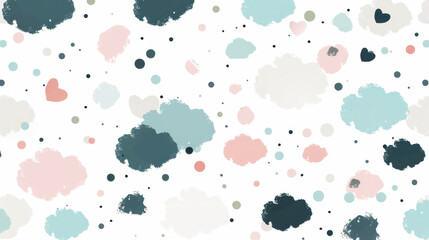 Gentle pastel cloud shapes arranged randomly with colorful dots create whimsical and playful pattern. This design evokes sense of joy and creativity, perfect for various artistic applications