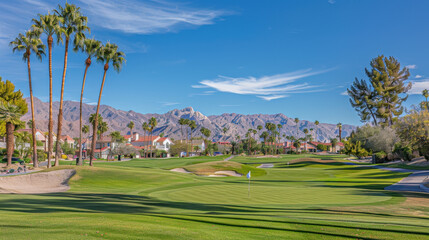 Fototapeta premium Picturesque golf course featuring gentle slopes, lush green fairways, and serene putting green, surrounded by palm trees and majestic mountains background. clear blue sky enhances tranquil