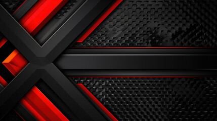 Geometric black background featuring layered polygons with striking red accents, creating dynamic and modern visual appeal. This design evokes sense of depth and sophistication