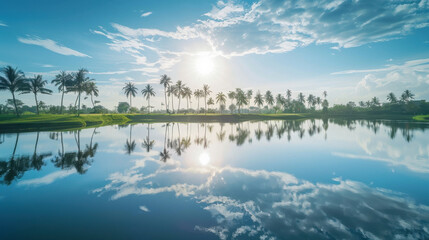 Fototapeta premium Serene landscape featuring calm lake reflecting sky and surrounding palm trees under bright sun. tranquil scene evokes sense of peace and natural beauty