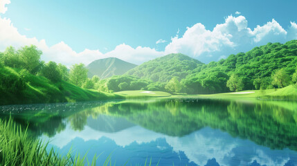 Serene golf course landscape featuring lush green hills and tranquil lake reflecting vibrant blue sky and fluffy clouds. scene evokes sense of peace and natural beauty