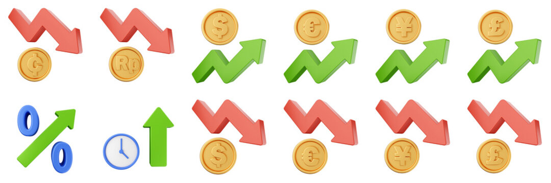 3d trading chart arrow increase decrease income profit finance icon set bundle illustration
