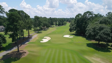 Beautiful golf course featuring lush green fairways and multiple sand bunkers strategically placed along landscape, creating inviting atmosphere for golfers