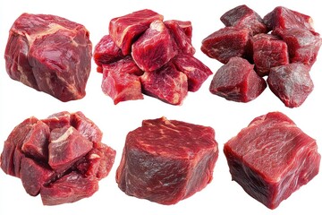 Obraz premium Raw meat cubes, fresh red cuts with marbled texture and culinary appeal isolated on white background
