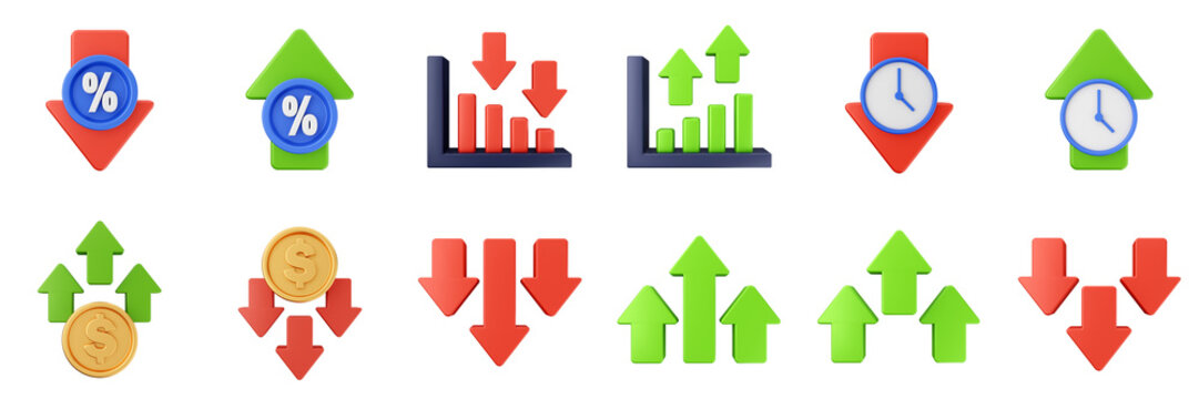 3d trading chart arrow increase decrease income profit finance icon set bundle illustration