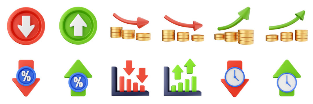 3d trading chart arrow increase decrease income profit finance icon set bundle illustration