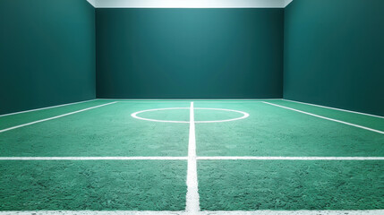 Indoor futsal field with artificial green turf and white lines, creating vibrant and inviting atmosphere for sports enthusiasts