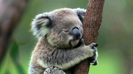 Obraz premium Koala clinging to tree in leafy green eucalyptus, showcasing its adorable features and peaceful expression. This charming animal embodies tranquility in its natural habitat
