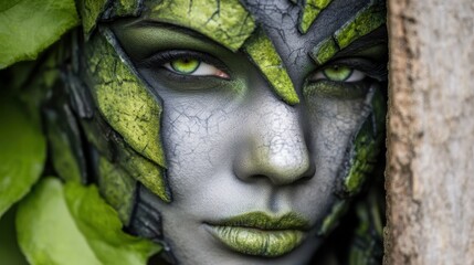 Close-up portrait of a woman with a vibrant, intricate, nature-inspired makeup, in a forest setting
