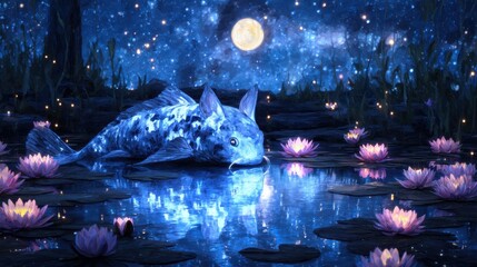 A mystical fish rests in a pond under a starry night sky