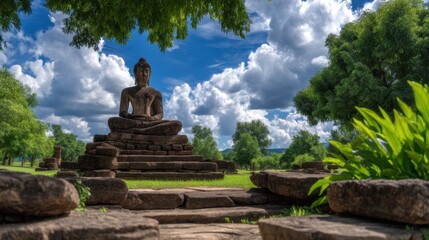 Ancient Buddha statue amidst lush greenery