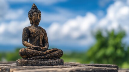 Buddha statue, serene pose against a backdrop of a partly cloudy sky
