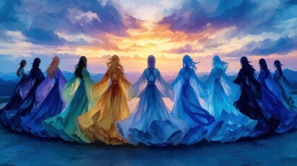 A circle of women in flowing gowns of various colors, bathed in a vibrant sunset