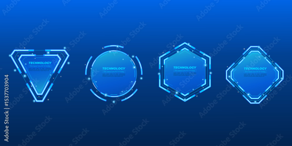 Fototapete futuristic glowing geometric hud frames and neon portals with text for cyberpunk game ux design. cyb